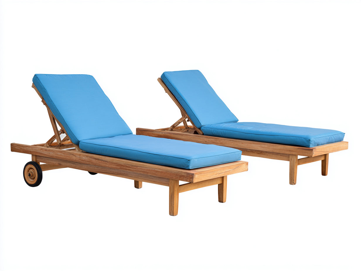 Tumbonas de madera 200 x 65 x 82 cm - natural y azul - respaldo reclinable con ruedas