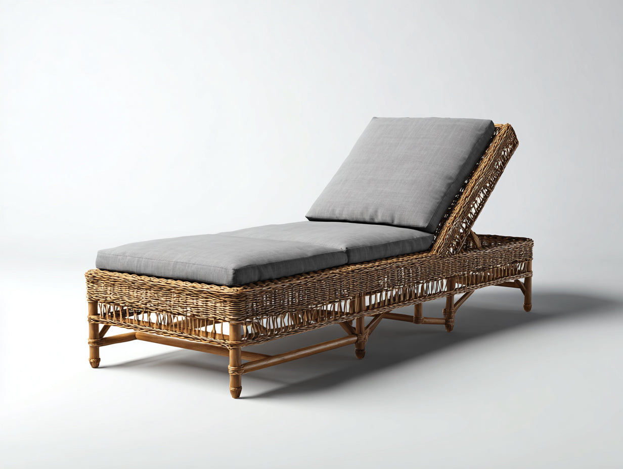 Tumbonas de ratán con cojín 195 x 65 x 82 cm - natural y gris - respaldo reclinable